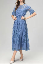 lorraine lace ruffle trim midi dress in blue Avalabel