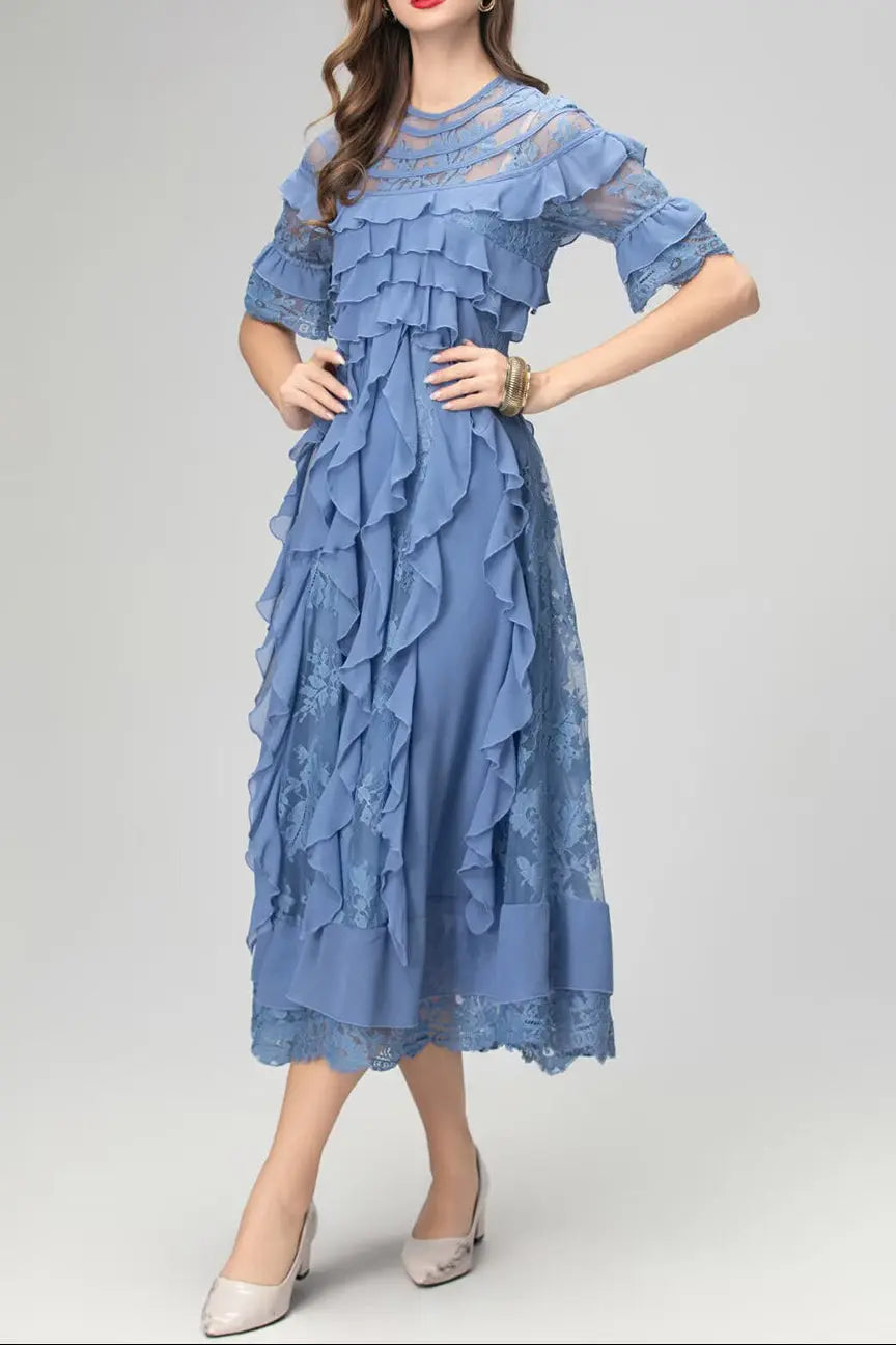 lorraine lace ruffle trim midi dress in blue Avalabel