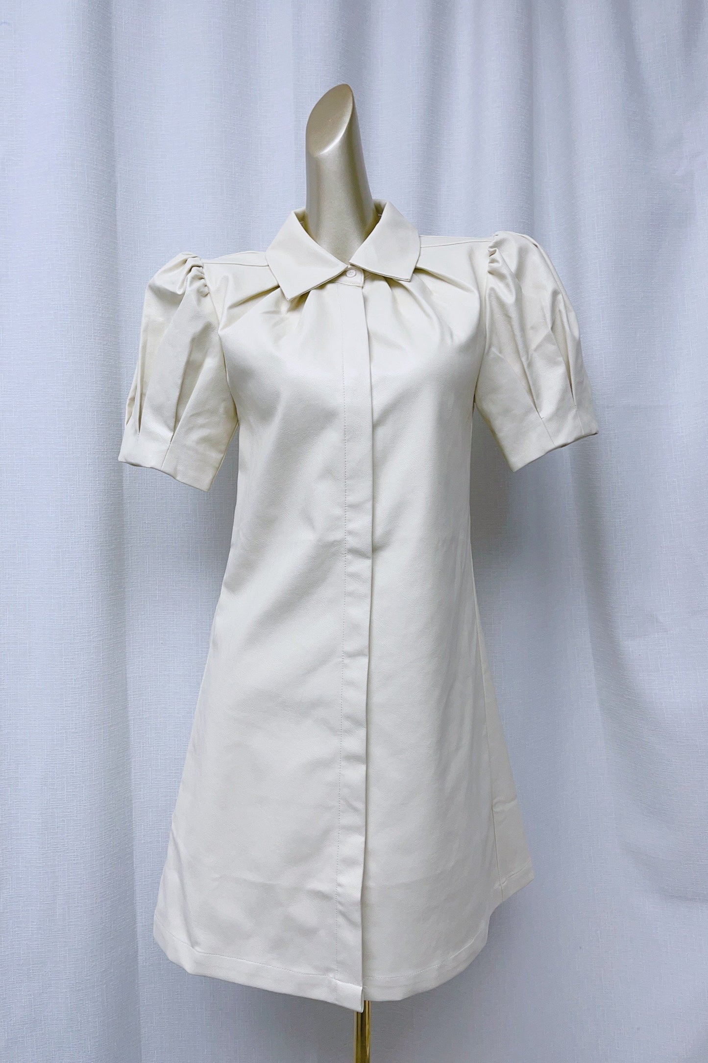 White Lapel Collar Leather Puff Sleeves Mini Dress