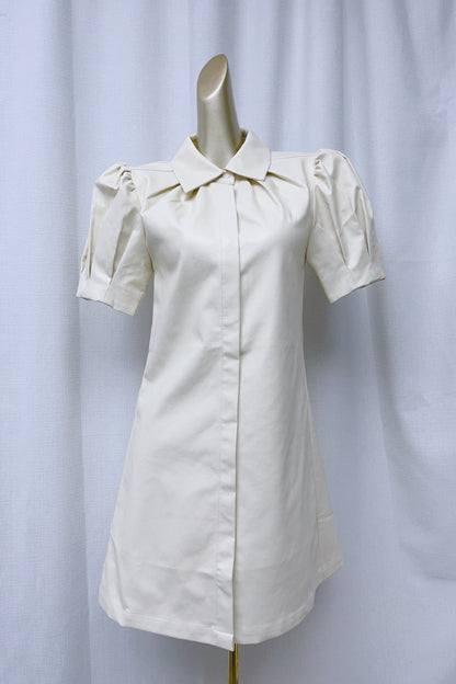 White Lapel Collar Leather Puff Sleeves Mini Dress