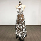 alyssa black Halter Floral Embroidered Midi Dress Avalabel