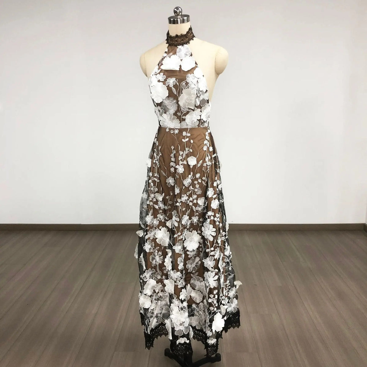 alyssa black Halter Floral Embroidered Midi Dress Avalabel