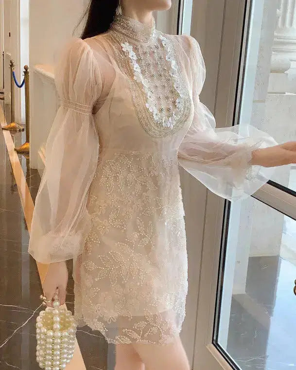 Jennifer Floral Bead Embroidery Tulle Mini Dress in Apricot Avalabel