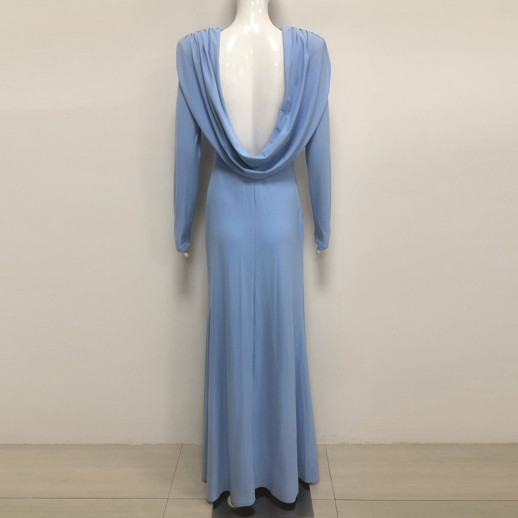 vicky Knitted long sleeves backless bodycon maxi dress in blue Avalabel