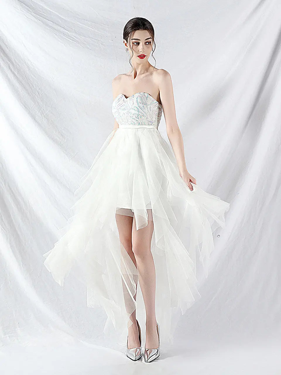 strapless sequin tulle midi dress Avalabel
