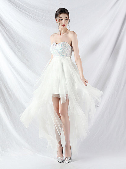 strapless sequin tulle midi dress