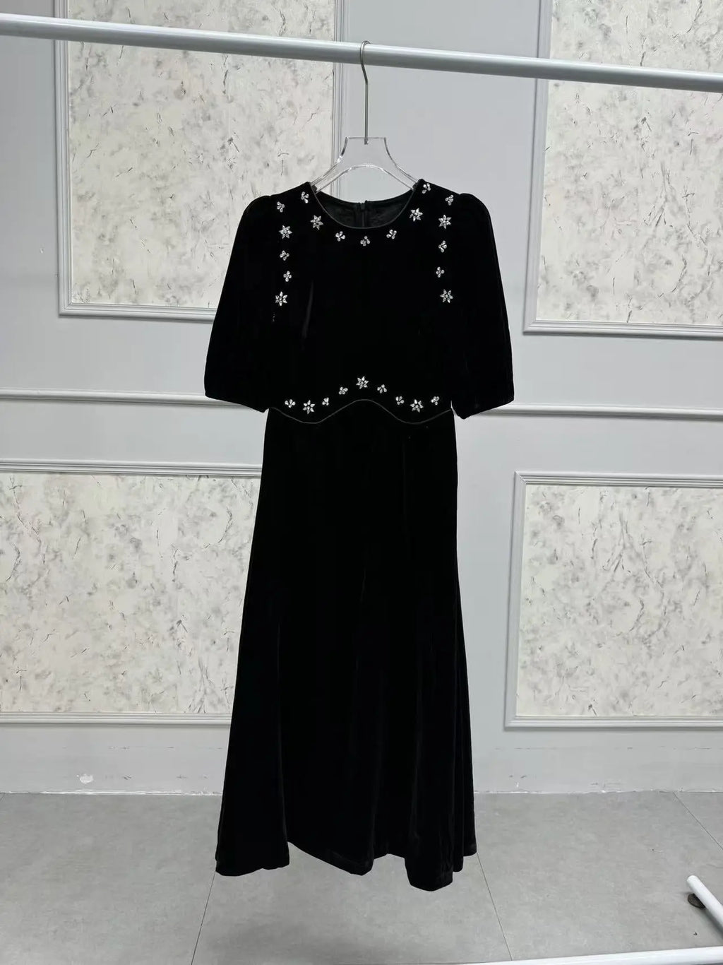 vicky black rhinestone embellished velvet puff sleeve maxi dress Avalabel