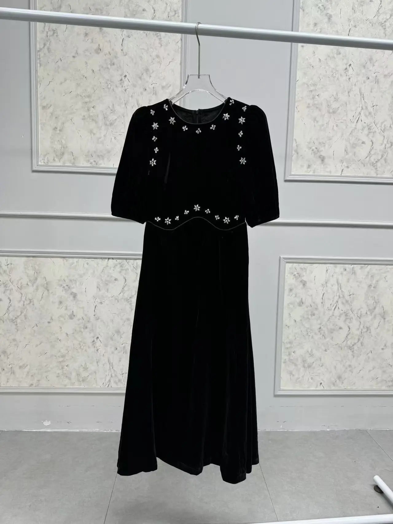 vicky black rhinestone embellished velvet puff sleeve maxi dress Avalabel