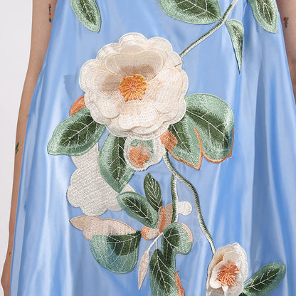 Edwina Applique Floral Embroidered Mini Dress in Blue