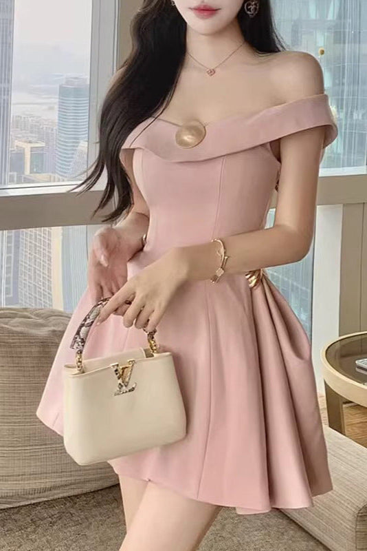 Metal Detail A-Line Off-Shoulder Mini Dress in Pink Soraya
