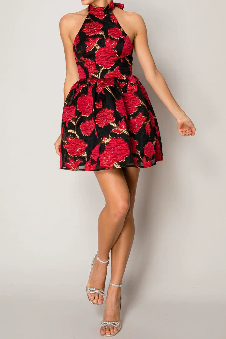 Jacquard halter backless A-line mini dress Avalabel
