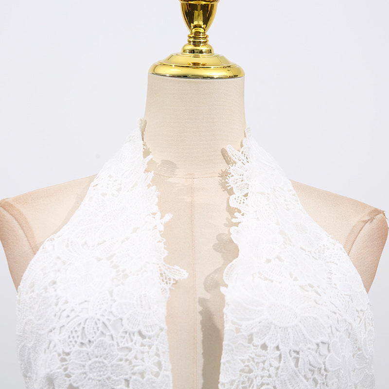 hazel white Deep V-neck halterneck layer ruffle trim maxi dress Avalabel