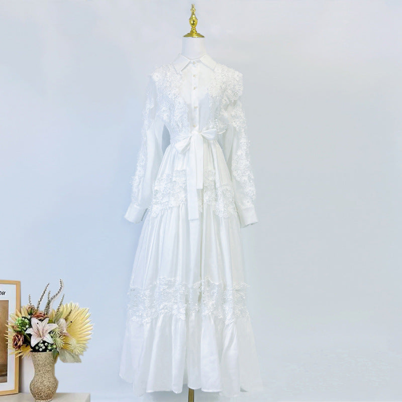 Alexandra Splicing Flapped Lace Hollow Midi Dress in White Avalabel