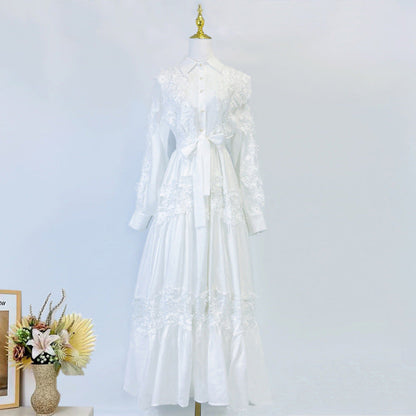 Alexandra Splicing Flapped Lace Hollow Midi Dress in White