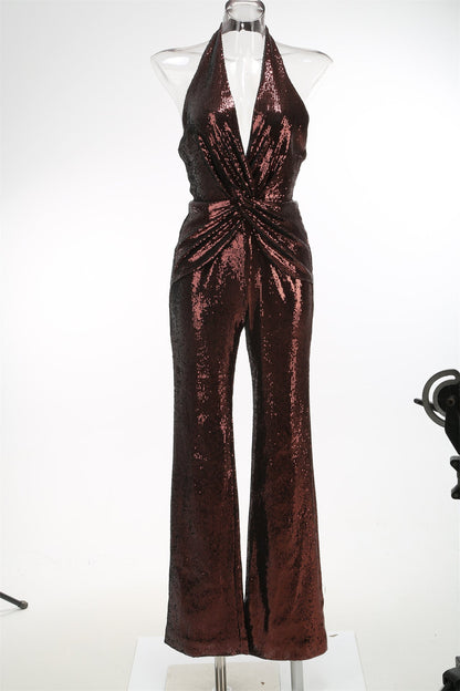 nora brown Sequin halterneck deep V high waist flared jumpsuit