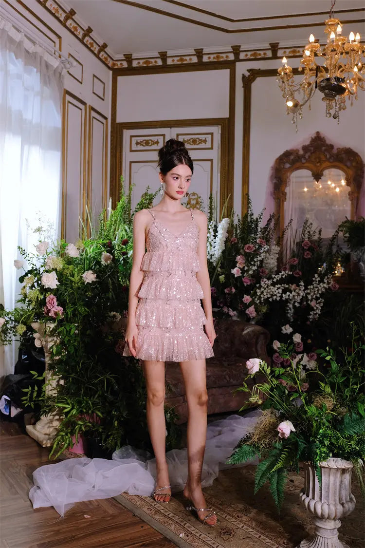 Pink Sleeveless Sequin layer ruffle short Dinner Dress Avalabel