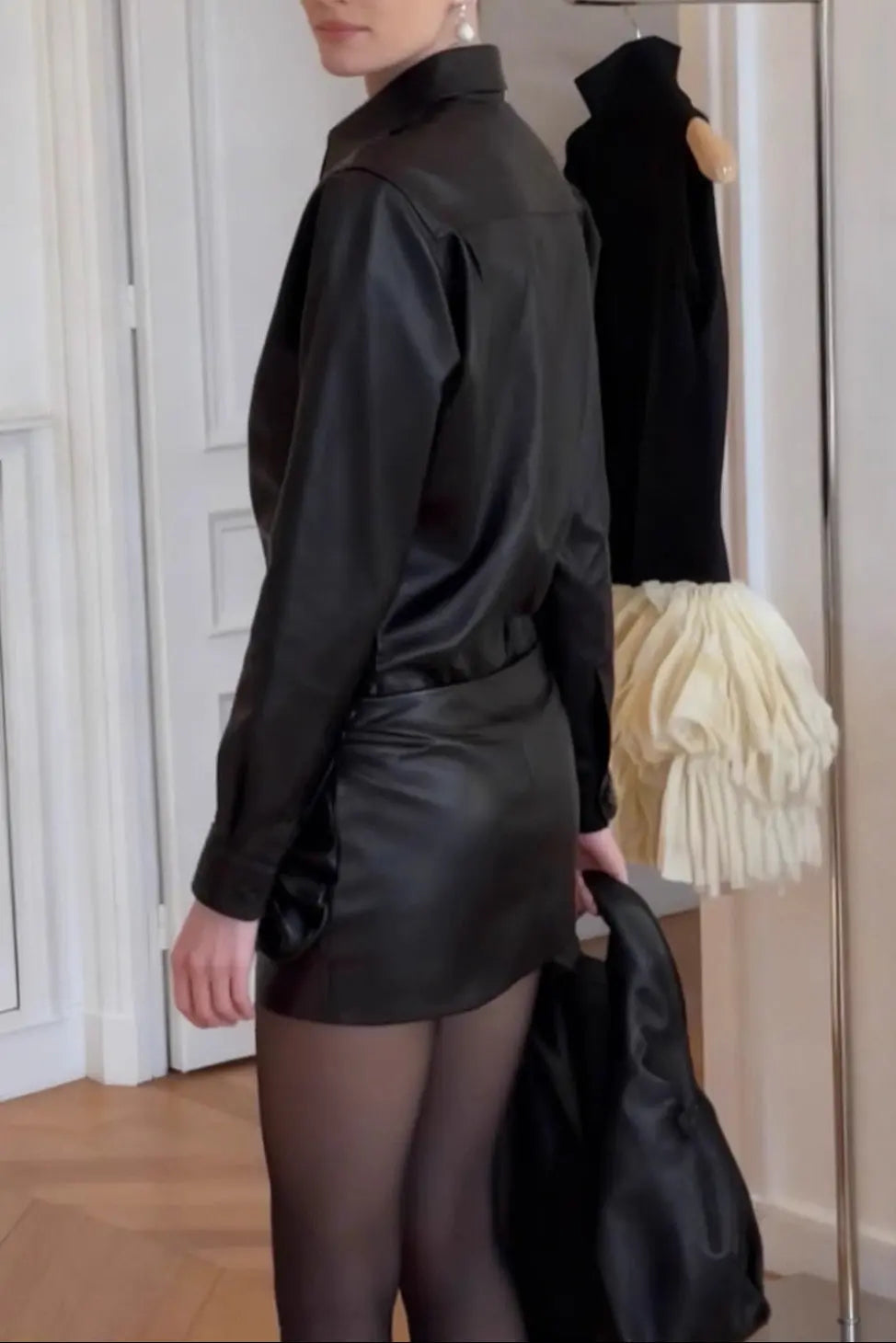meredith leather top flower mini skirt set in black Avalabel
