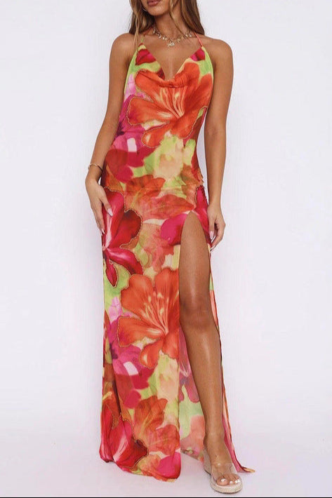 Falling Tropical Bloom High Slit Maxi Dress Avalabel