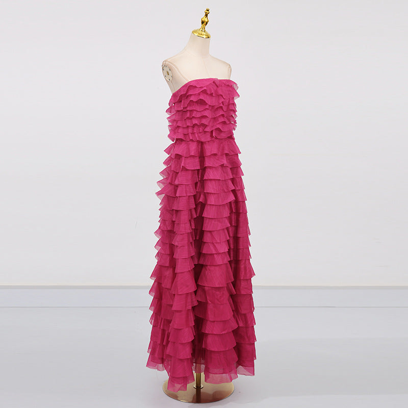 Cathy Pleated Layer Strapless Maxi Dress in Rose Red Avalabel