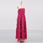 Cathy Pleated Layer Strapless Maxi Dress in Rose Red Avalabel