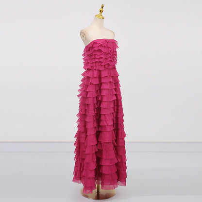 Cathy Pleated Layer Strapless Maxi Dress in Rose Red
