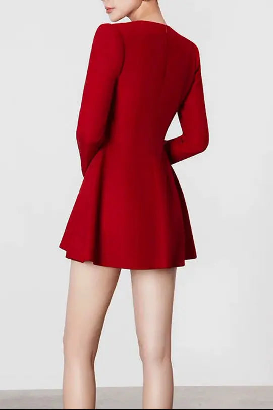 victoria red square neck long sleeve a-line mini dress Avalabel
