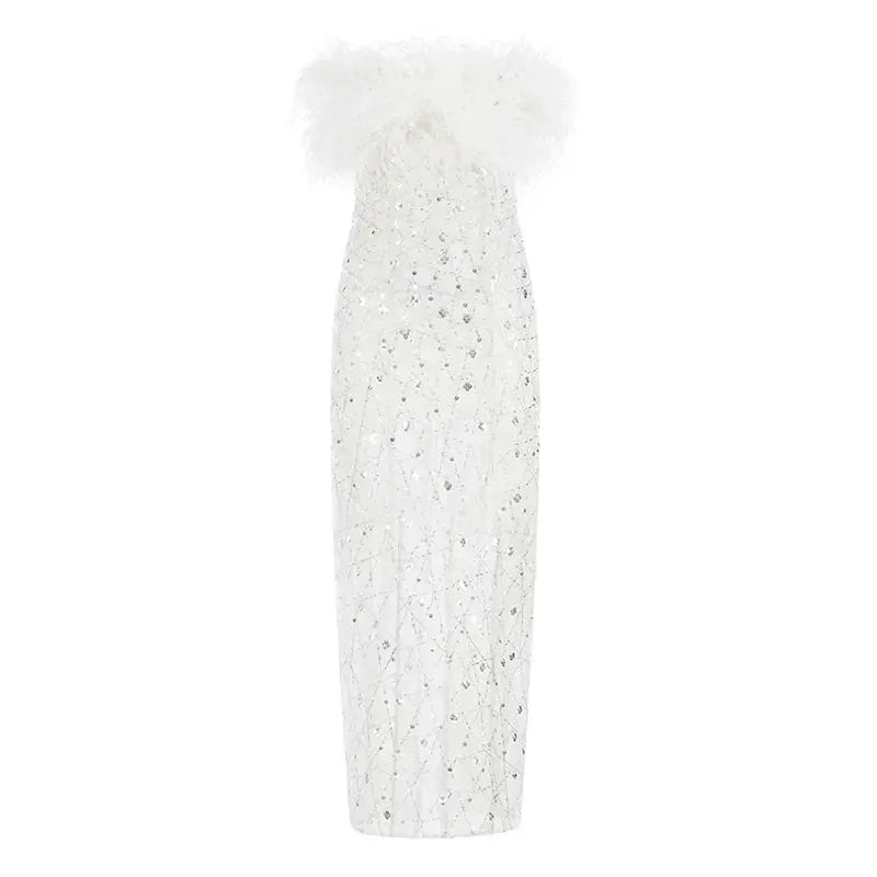 Masa White Haute Couture Feather Sequin Dress Avalabel