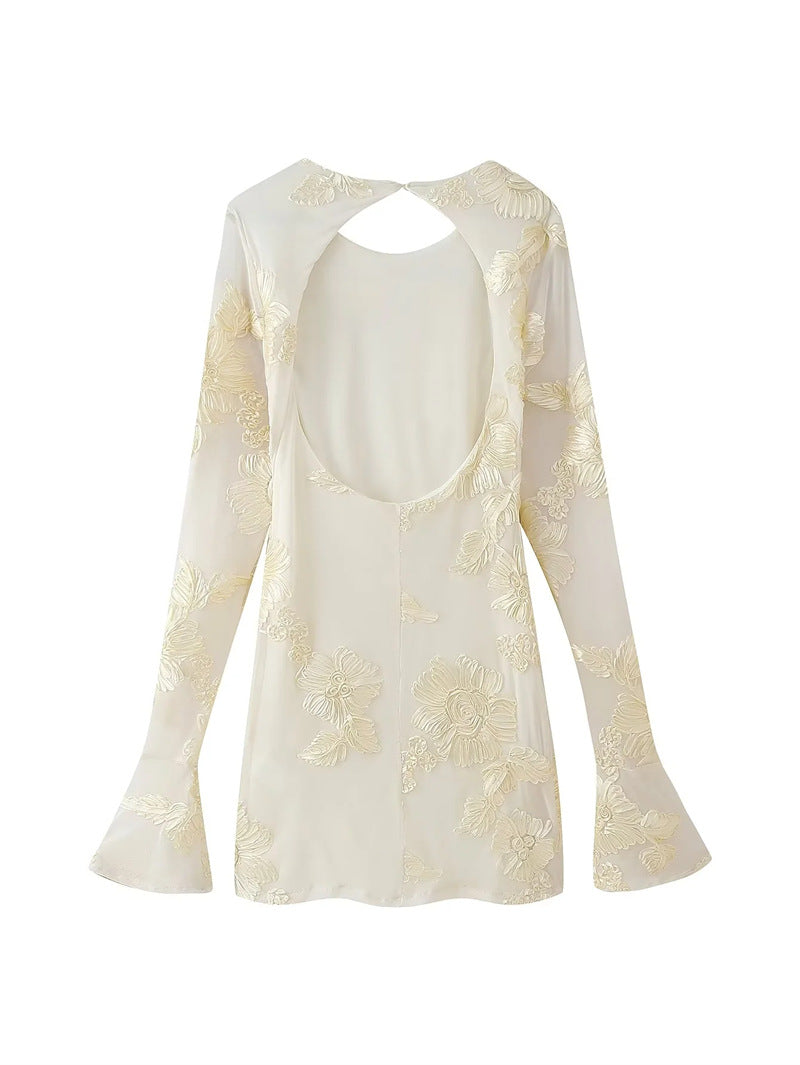 Nefertiti Yellow Backless Floral Flared Sleeve Slim Fit Mini Dress Avalabel