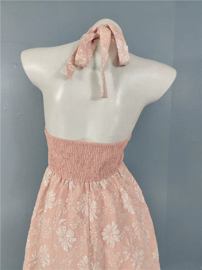 pink fairy jacquard halterneck open back big swing midi dress