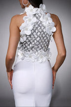 Phoenix 3D Flower Sequin Halter Bandage Maxi Dress in White Avalabel