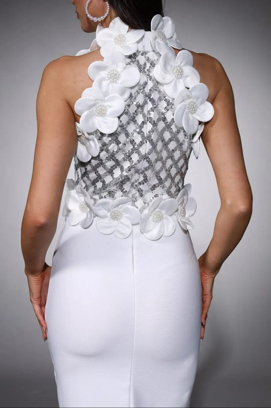 Phoenix 3D Flower Sequin Halter Bandage Maxi Dress in White Avalabel