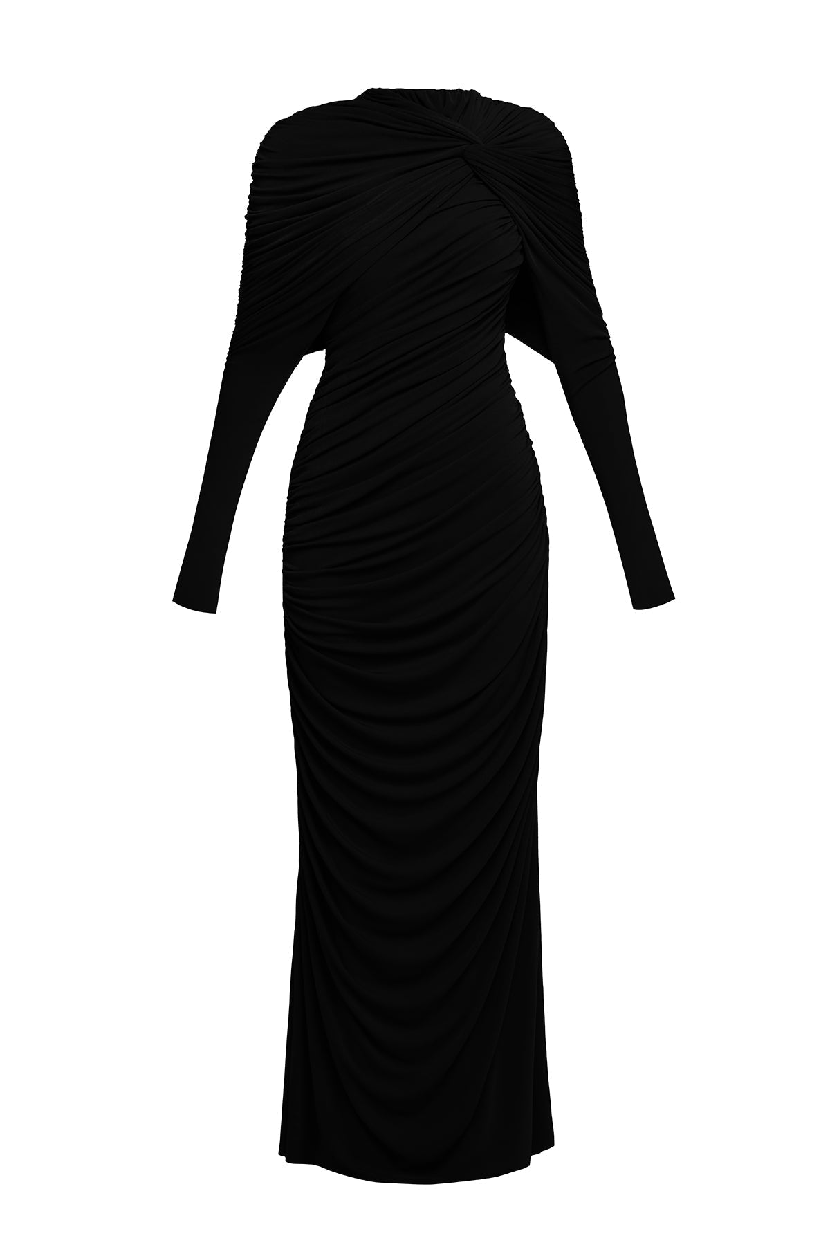 bonnie long sleeve pleated knot bodycon maxi dress in black Avalabel