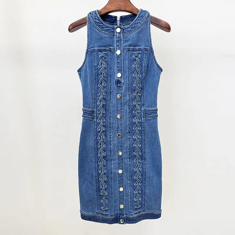 selena buttoned lace-up sleeveless mini dress in navy blue Avalabel
