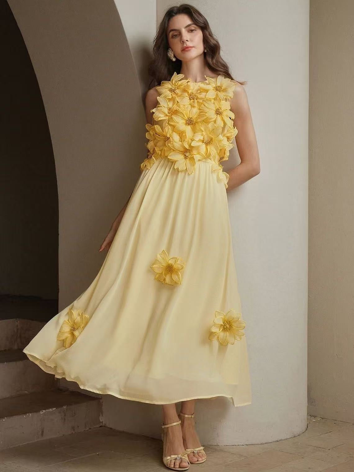 3D Flower Embellished Sleeveless Maxi Dress in Yellow Avalabel