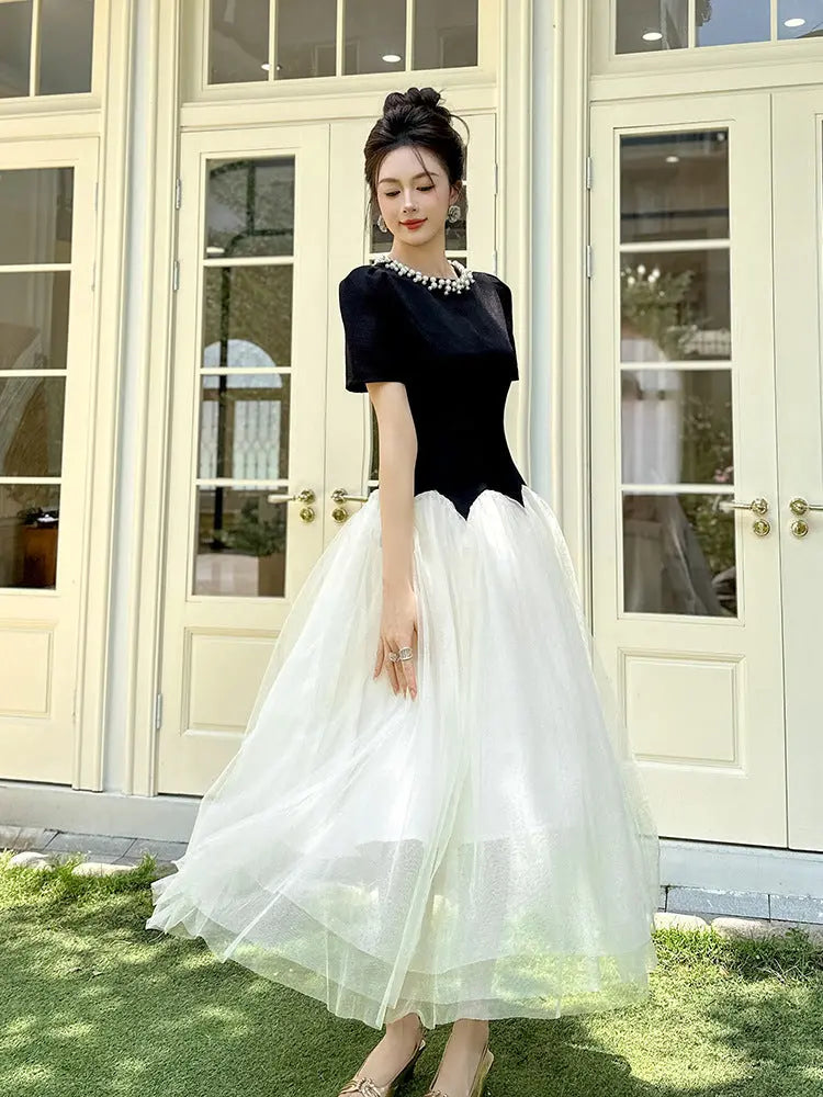 Leona Black-White Two-Tone Rhinestone Neck Tulle Maxi Dress Avalabel