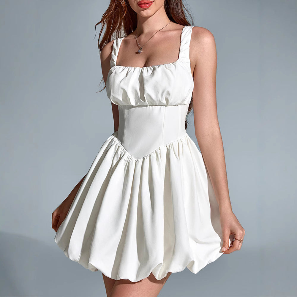Ruched Strap Corset Bubble Hem Mini Dress poava