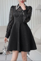 Lynn Black Rhinestone Collar Neck Lace Hollow Sleeve Mini Dress Avalabel