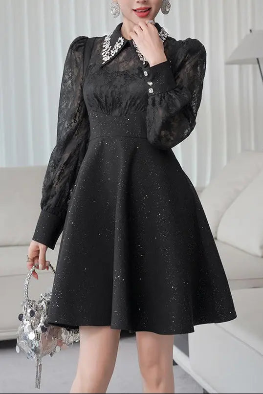 Lynn Black Rhinestone Collar Neck Lace Hollow Sleeve Mini Dress Avalabel