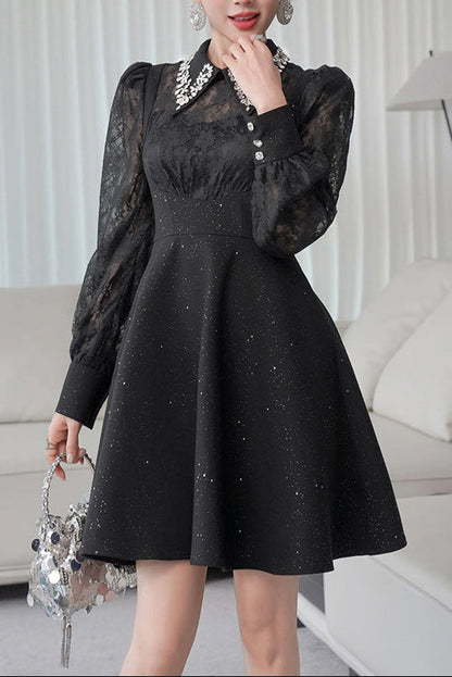 Lynn Black Rhinestone Collar Neck Lace Hollow Sleeve Mini Dress