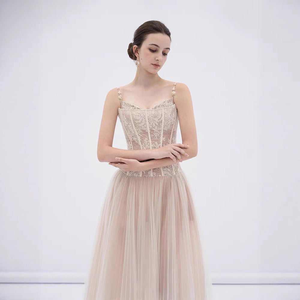 Alani Apricot Lace Mermaid Spaghetti Strap Tulle Dress Avalabel