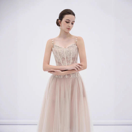 Alani Apricot Lace Mermaid Spaghetti Strap Tulle Dress Avalabel