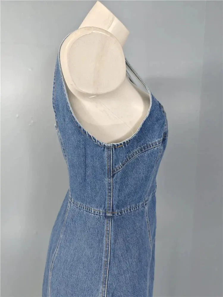 denim suspender square neck slim mini dress Avalabel