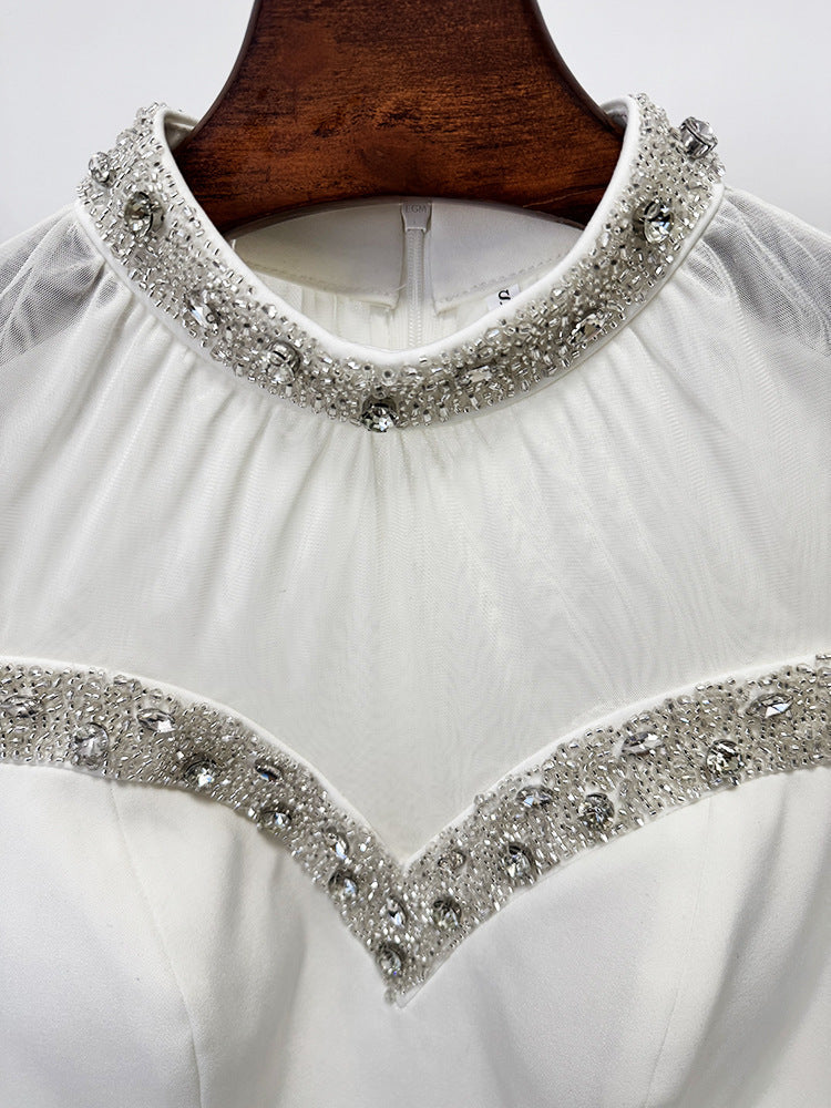 Mesh-Paneled Beaded Rhinestone-Embellished Maxi Dress - White Avalabel