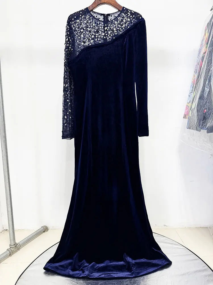 riva crystal patchwork Velvet Column maxi Dress in dark blue Avalabel