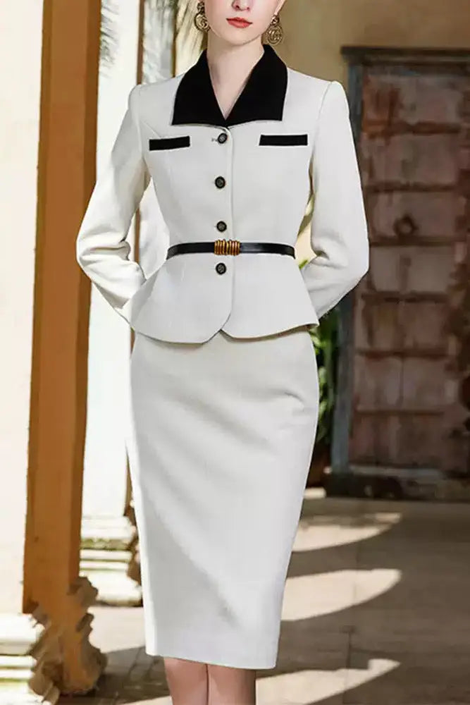 sylvia White Jacket with midi skirt suit Avalabel