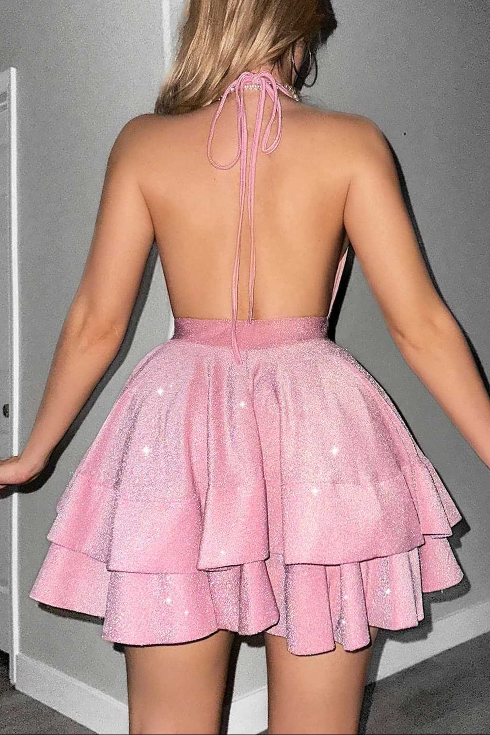 virginia A Line Halter  Tiered mini Dress in pink Avalabel
