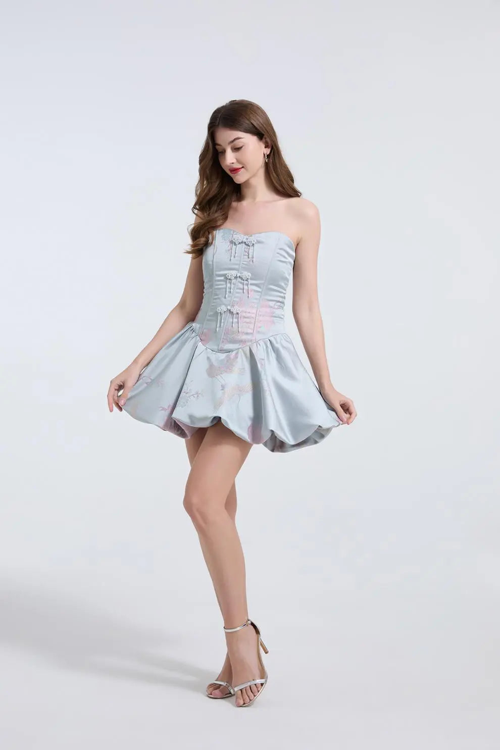 Lisa Jacquard Fishbone Bodice A-line Mini Dress in Blue Avalabel