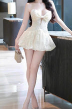 Emma Bowknot Hollow Tube Top Mini Dress in Beige Avalabel