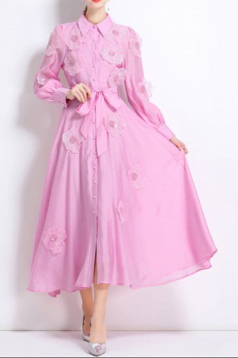 Sally Lapel Embroidered Appliqué Midi Dress in Pink Soraya