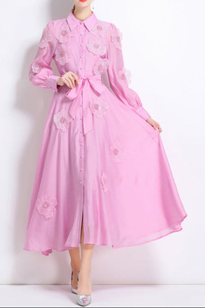Sally Lapel Embroidered Appliqué Midi Dress in Pink